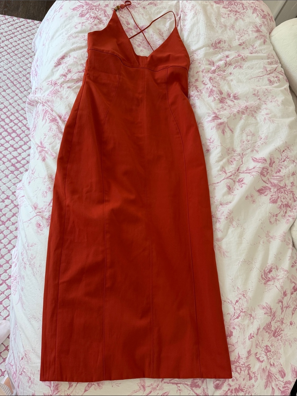 Rust Bodycon Midi Dress with Spaghetti Straps - Picture 3 of 9